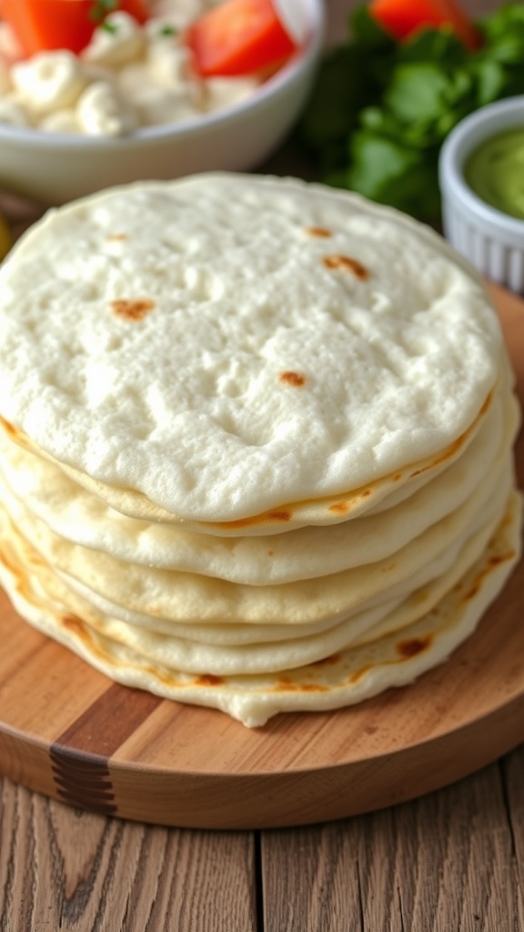 Fluffy Cloud Bread Tortillas Fluffy cloud bread tortillas stacked on a wooden board with fresh vegetables and dip.